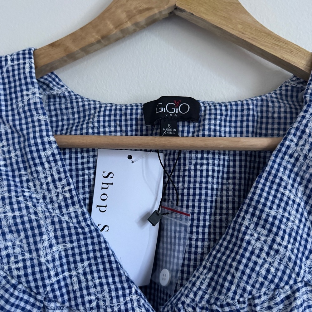 NEW Gigio Gingham Floral Puff Sleeve Top size small blue ruffle boho NWT blouse - Picture 3 of 6
